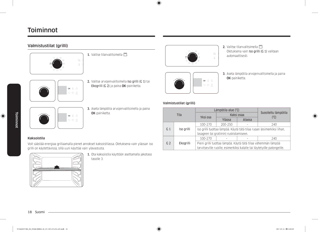 Samsung NV66M3571BS/EE manual Valmistustilat grilli, OK-painiketta 