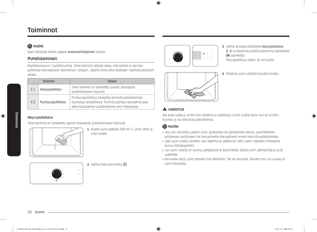 Samsung NV66M3571BS/EE manual Puhdistaminen 