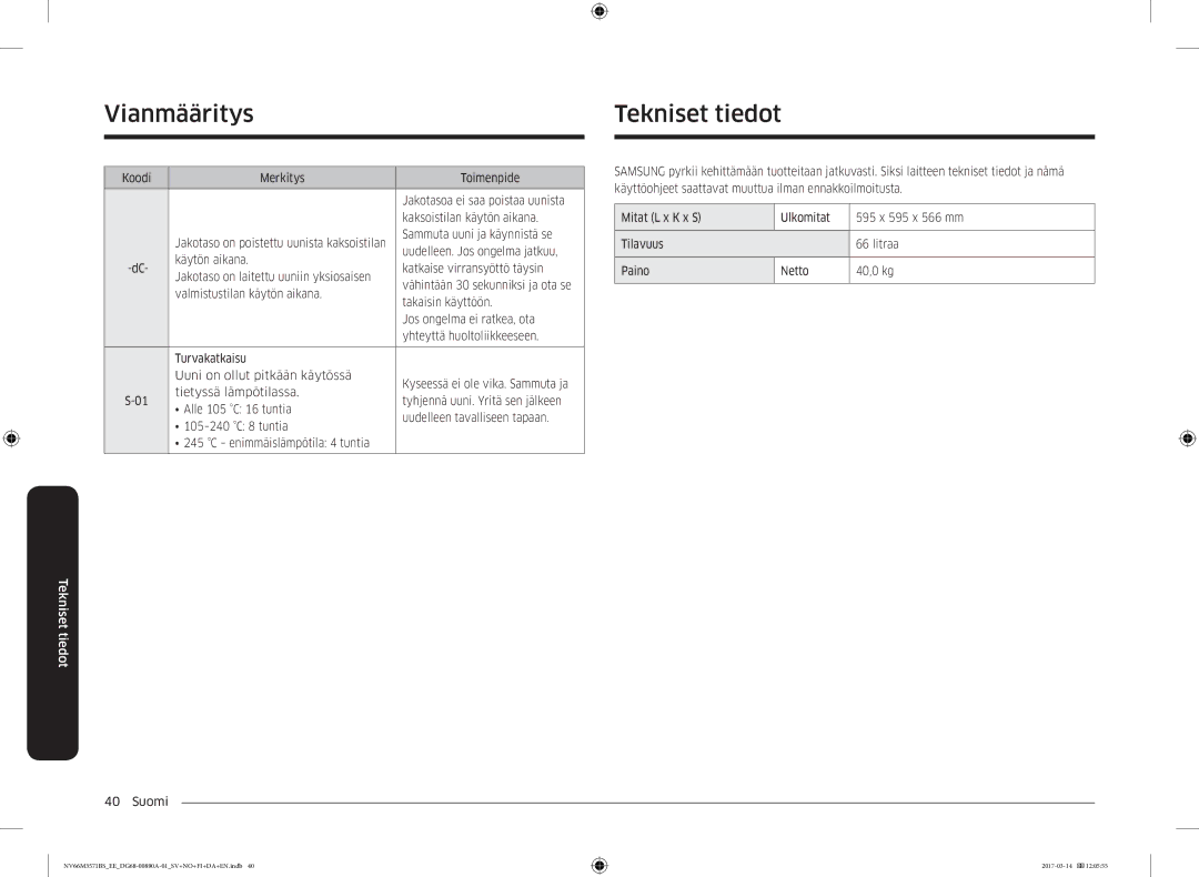 Samsung NV66M3571BS/EE manual Tekniset tiedot 