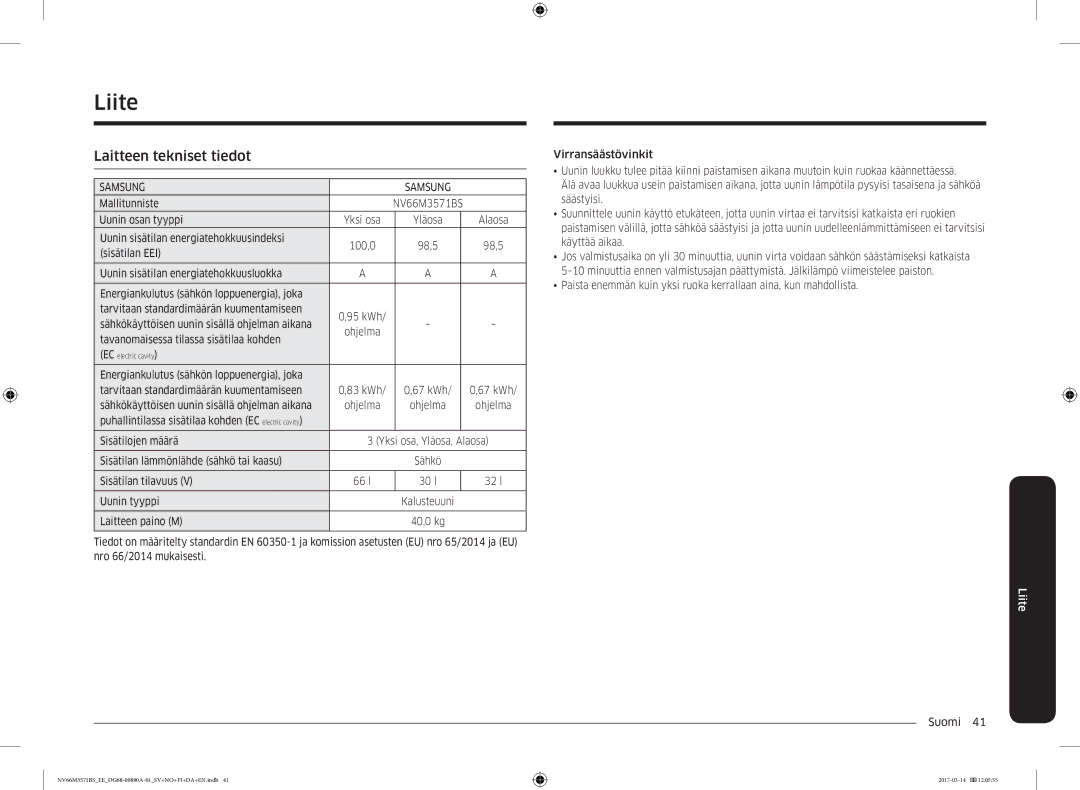 Samsung NV66M3571BS/EE manual Liite, Laitteen tekniset tiedot 