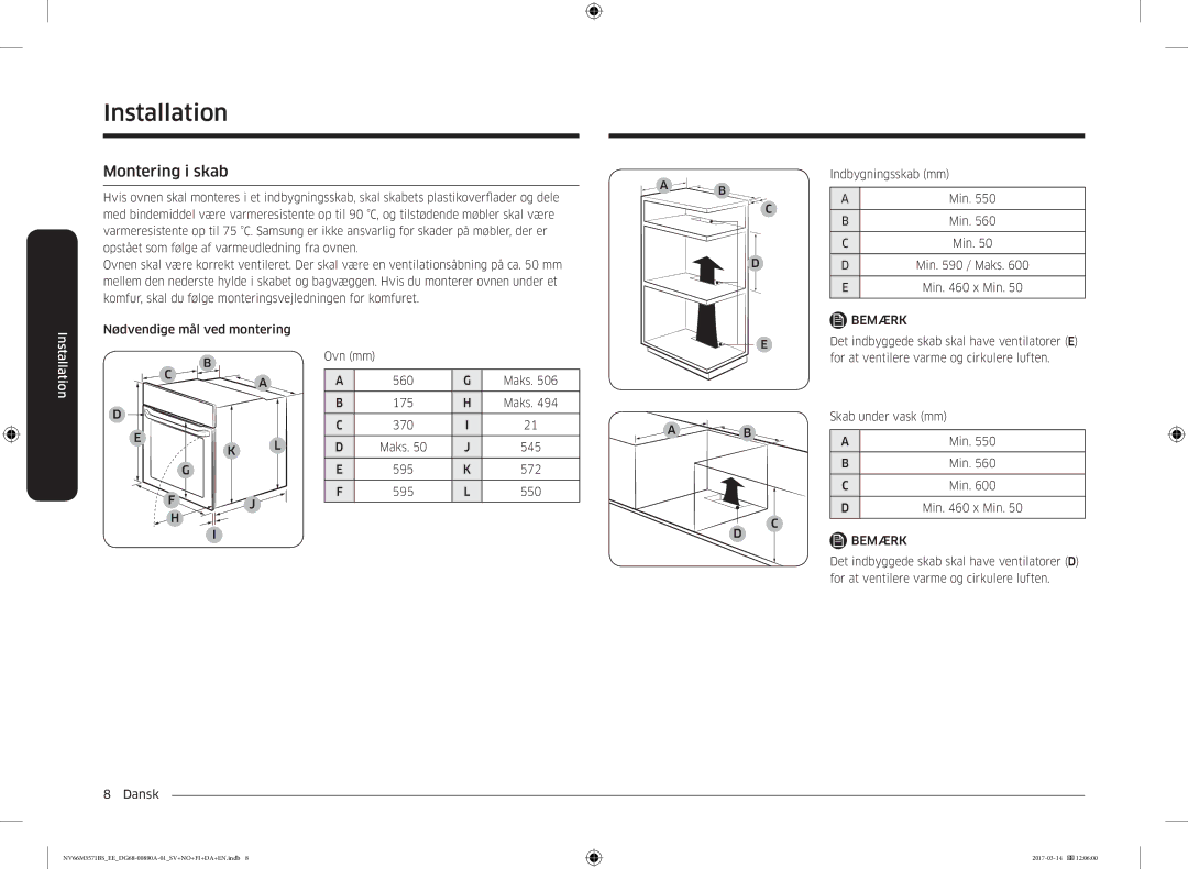 Samsung NV66M3571BS/EE manual Montering i skab 