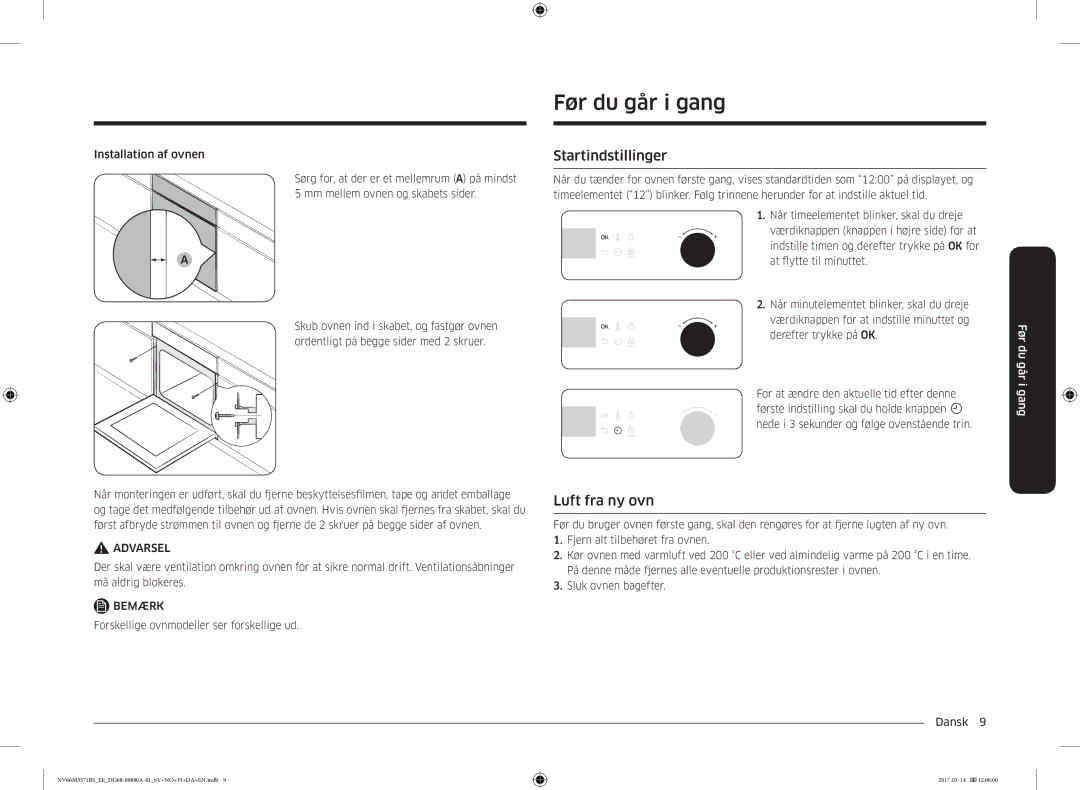 Samsung NV66M3571BS/EE Før du går i gang, Startindstillinger, Luft fra ny ovn, Forskellige ovnmodeller ser forskellige ud 