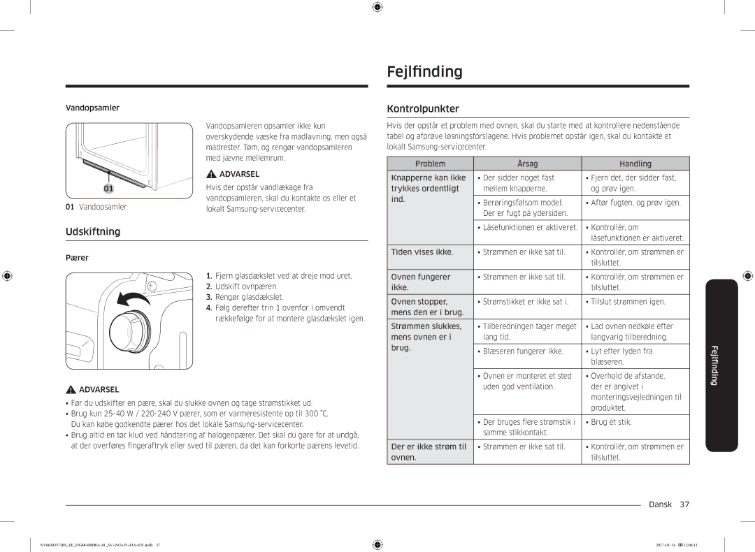 Samsung NV66M3571BS/EE manual Fejlfnding, Kontrolpunkter, Udskiftning 