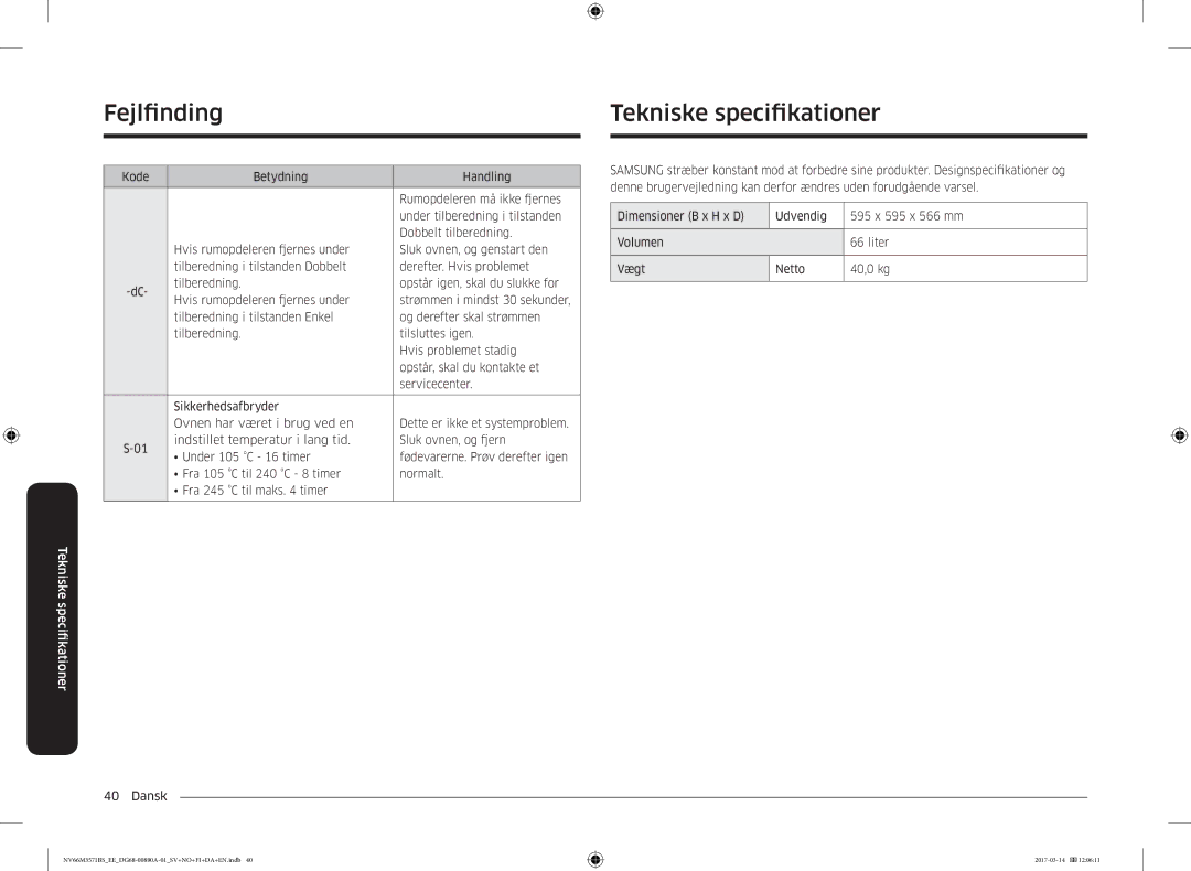 Samsung NV66M3571BS/EE manual Fejlfnding, Tekniske specifkationer 