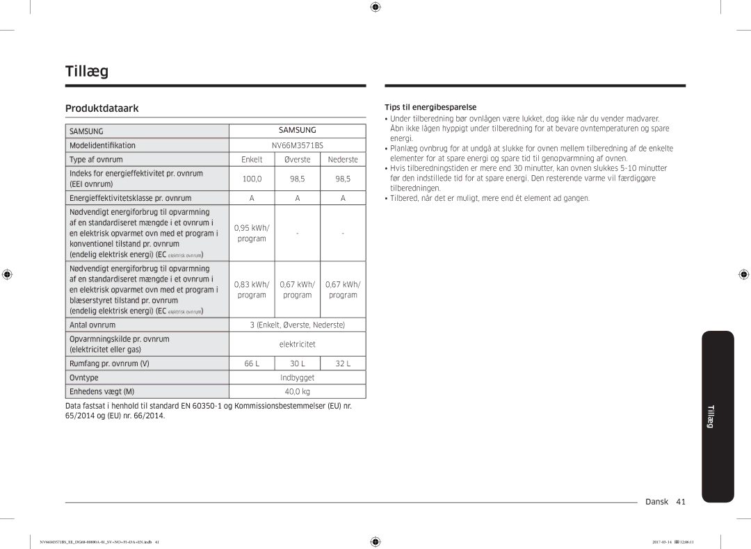 Samsung NV66M3571BS/EE manual Tillæg, Modelidentifikation NV66M3571BS Type af ovnrum Enkelt 