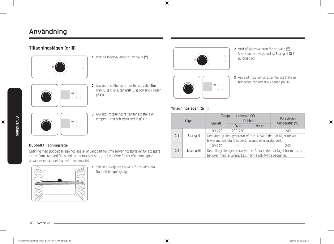 Samsung NV66M3571BS/EE manual Tillagningslägen grill, Läge Dubbelt Enskilt, Baguetter 