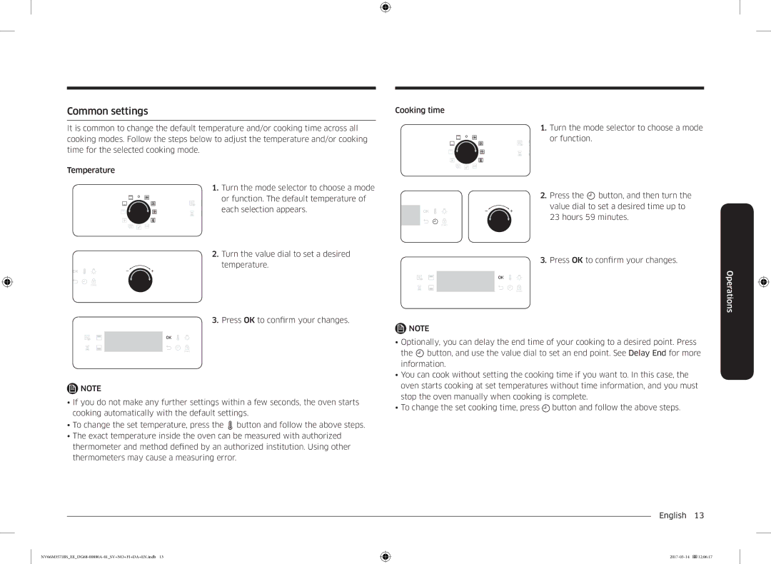 Samsung NV66M3571BS/EE manual Common settings, Operations 