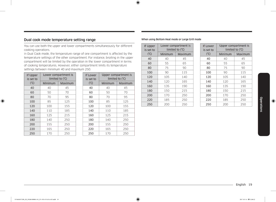 Samsung NV66M3571BS/EE manual Dual cook mode temperature setting range 