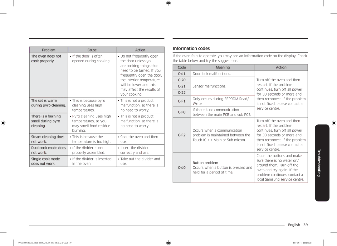 Samsung NV66M3571BS/EE manual Information codes 