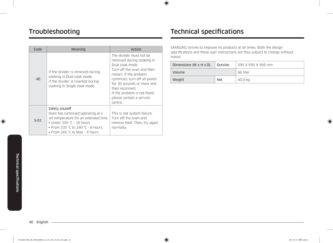 Samsung NV66M3571BS/EE manual Technical specifcations 