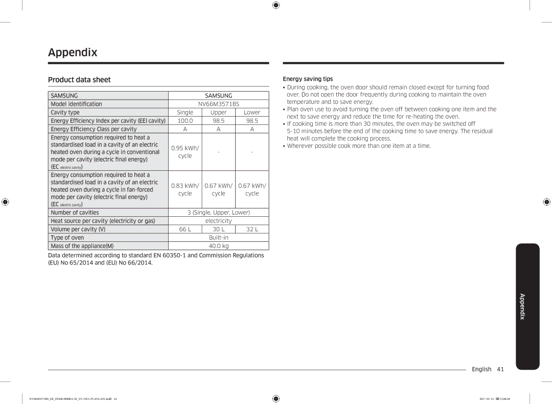 Samsung NV66M3571BS/EE manual Appendix, Product data sheet 