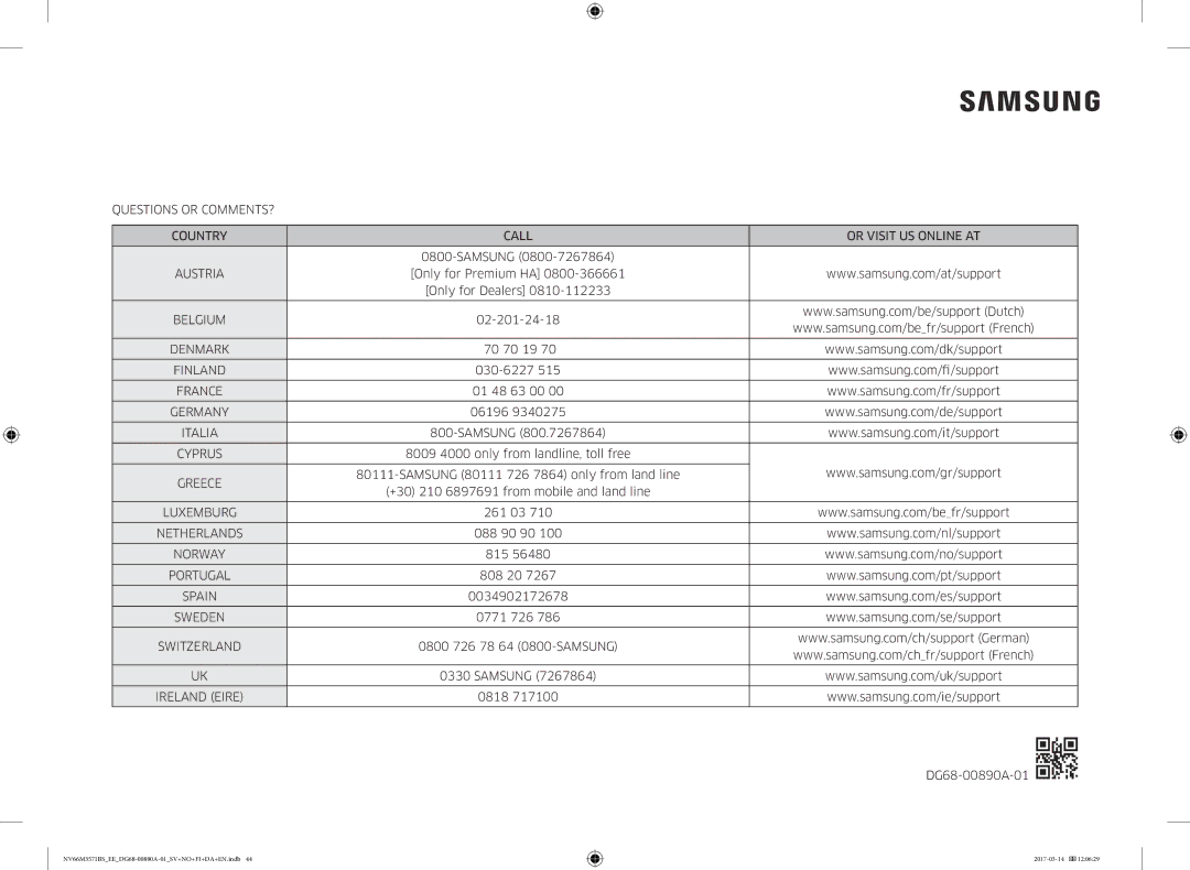 Samsung NV66M3571BS/EE manual 0800 726 78 64 0800-SAMSUNG Samsung 