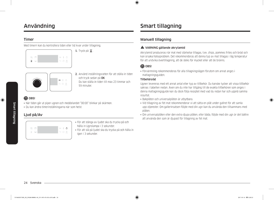 Samsung NV66M3571BS/EE manual AnvändningSmart tillagning, Timer, Ljud på/Av, Manuell tillagning 