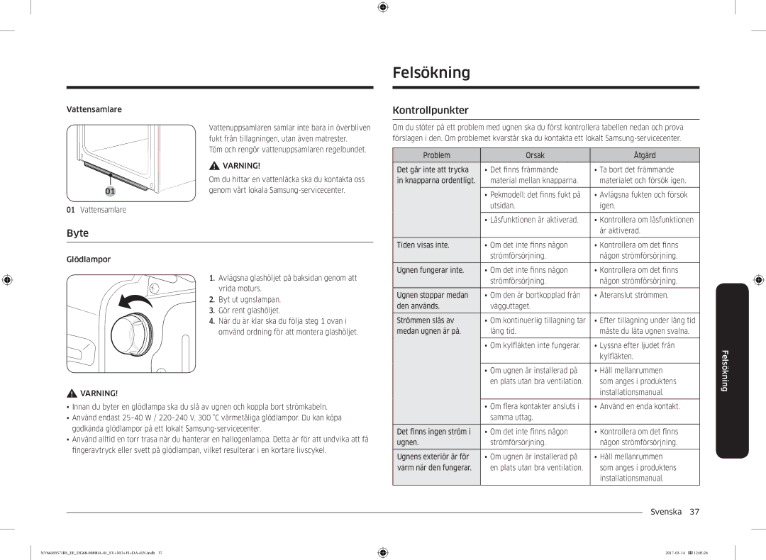 Samsung NV66M3571BS/EE Felsökning, Byte, Kontrollpunkter, Vattensamlare, Töm och rengör vattenuppsamlaren regelbundet 