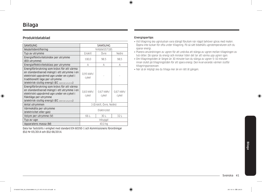 Samsung NV66M3571BS/EE manual Bilaga, Produktdatablad 