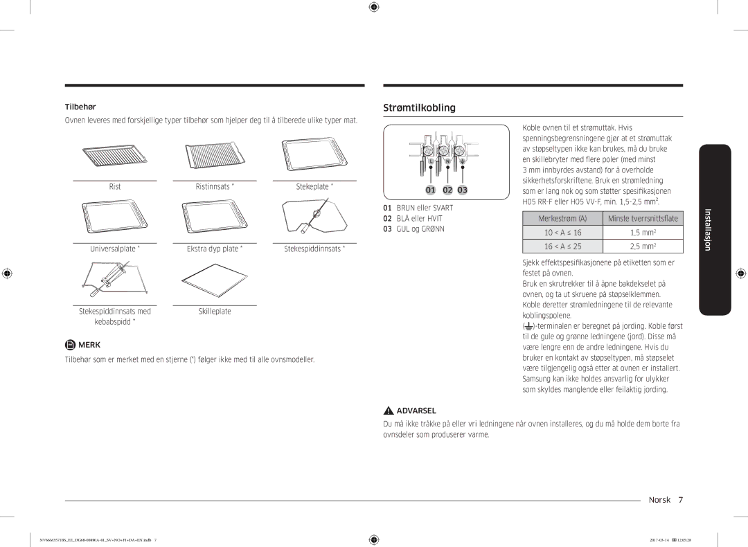 Samsung NV66M3571BS/EE manual Strømtilkobling, Merkestrøm a Minste tverrsnittsflate, Skilleplate 