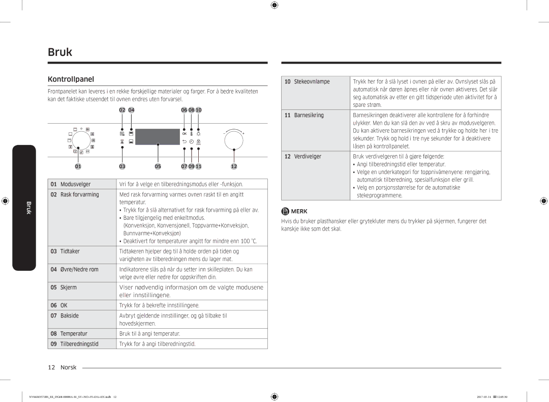 Samsung NV66M3571BS/EE manual Bruk, Kontrollpanel 