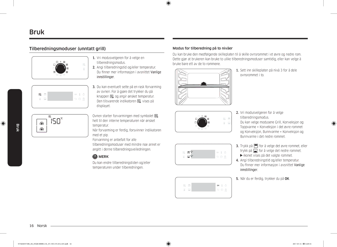 Samsung NV66M3571BS/EE manual Tilberedningsmoduser unntatt grill, Trykk på for å velge det øvre rommet, eller 