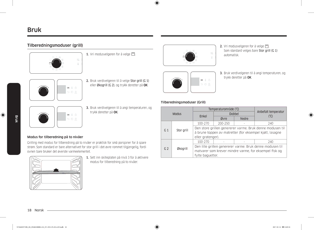Samsung NV66M3571BS/EE manual Tilberedningsmoduser grill, Anbefalt temperatur, Modus Dobbel Enkel 