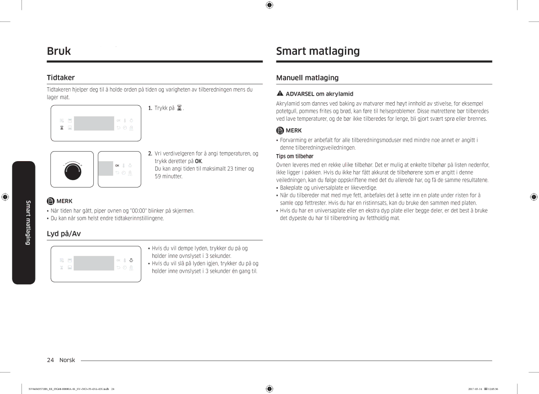 Samsung NV66M3571BS/EE manual BrukSmart matlaging, Tidtaker, Lyd på/Av, Manuell matlaging 