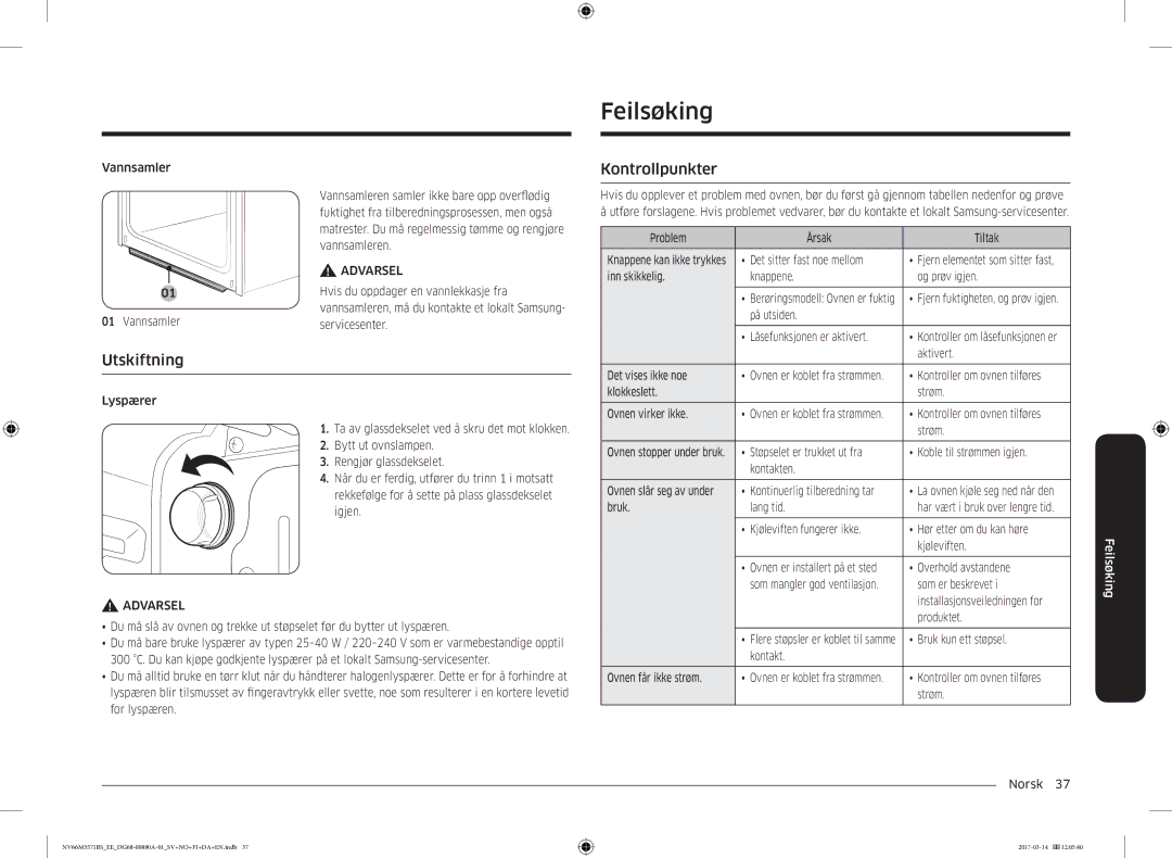 Samsung NV66M3571BS/EE manual Feilsøking, Utskiftning 