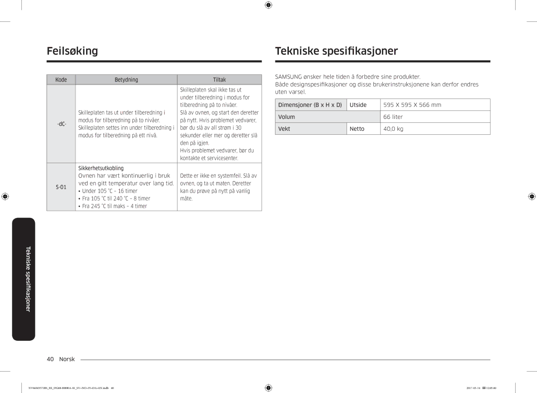 Samsung NV66M3571BS/EE manual Tekniske spesifikasjoner 