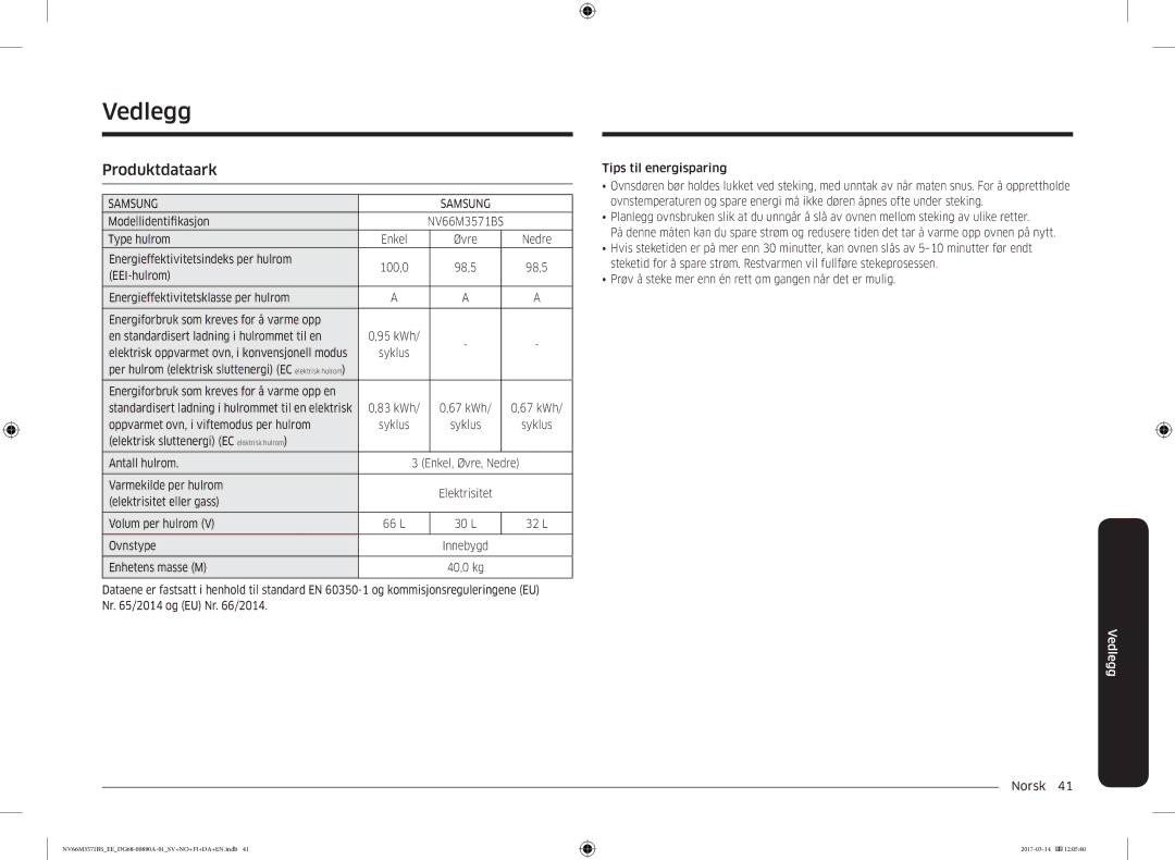 Samsung NV66M3571BS/EE manual Vedlegg, Produktdataark 