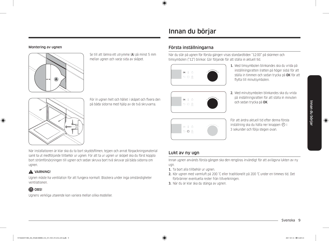 Samsung NV66M3571BS/EE manual Innan du börjar, Första inställningarna, Lukt av ny ugn 