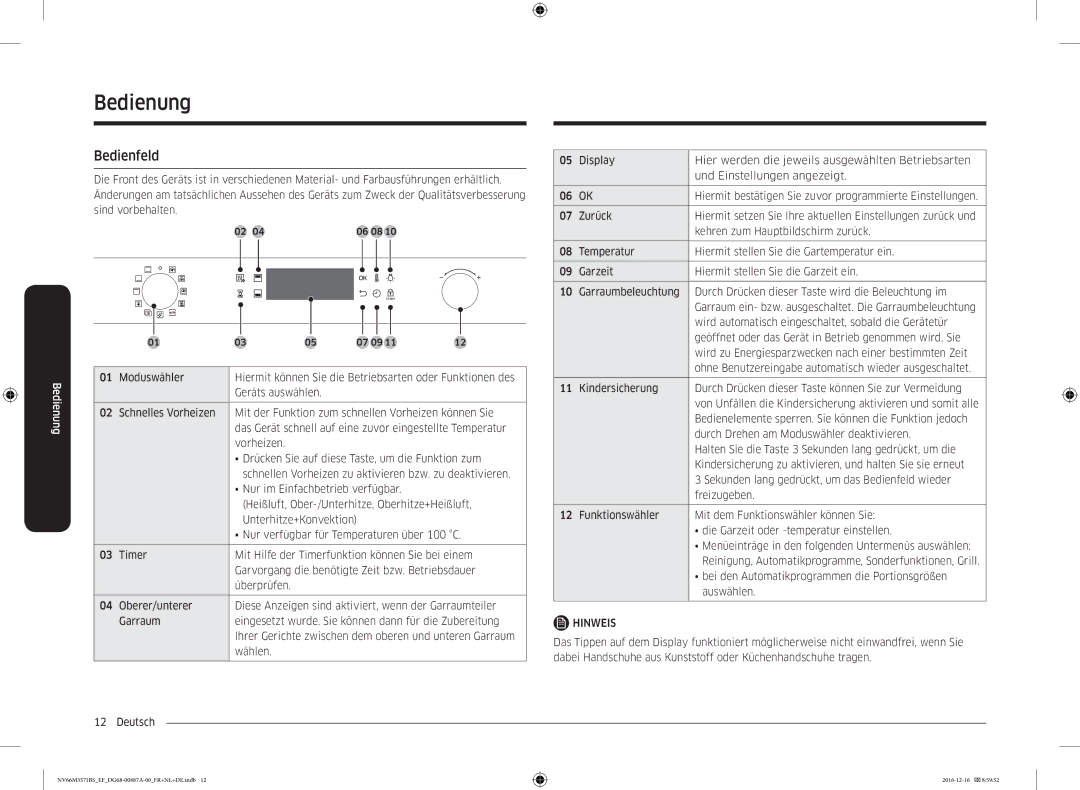 Samsung NV66M3571BS/EG, NV66M3571BS/EF manual Bedienung, Bedienfeld 