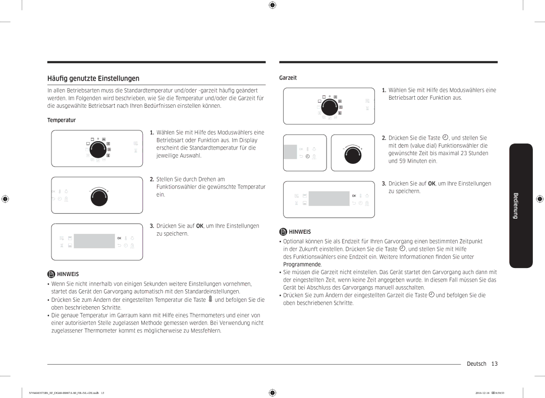 Samsung NV66M3571BS/EF, NV66M3571BS/EG manual Häufig genutzte Einstellungen 