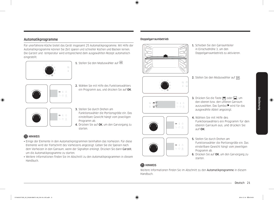 Samsung NV66M3571BS/EF, NV66M3571BS/EG manual Automatikprogramme 