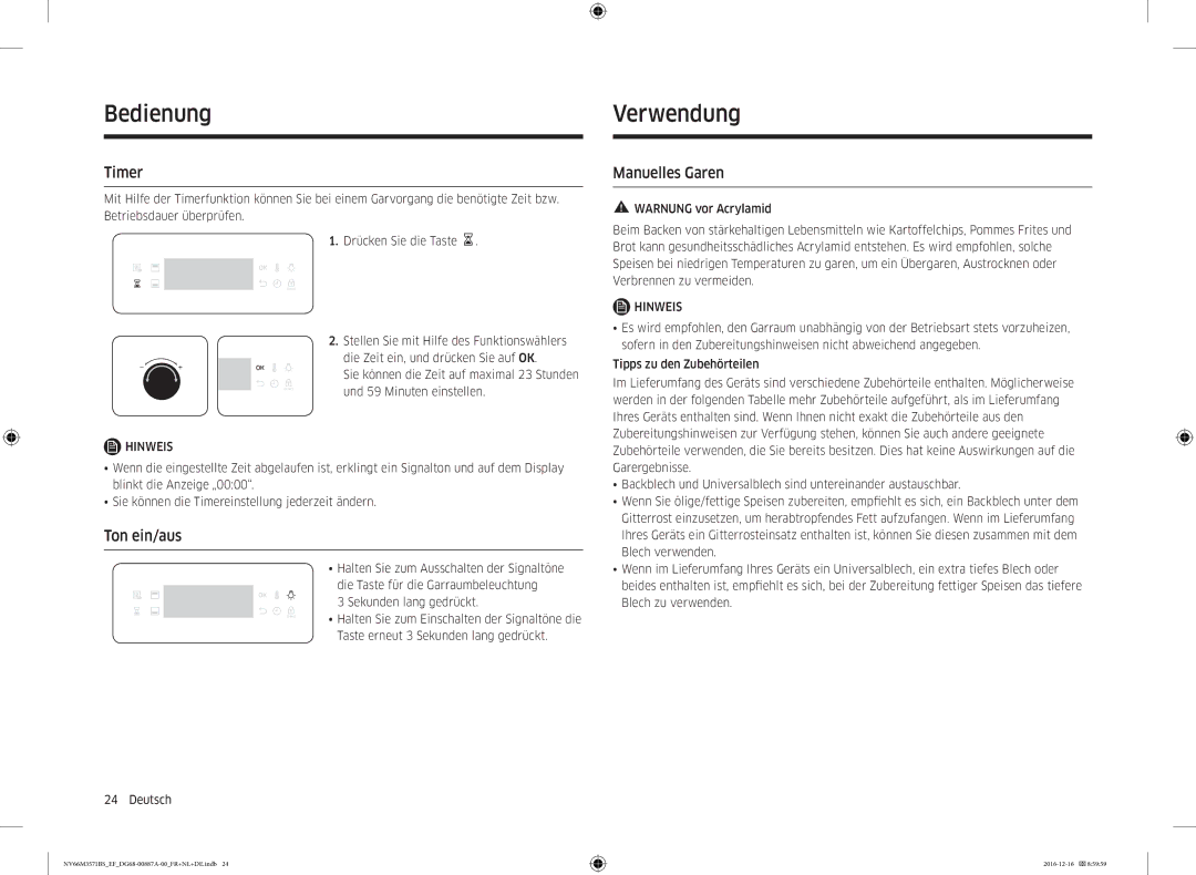 Samsung NV66M3571BS/EG, NV66M3571BS/EF manual BVerwendungdienung, Ton ein/aus, Manuelles Garen 