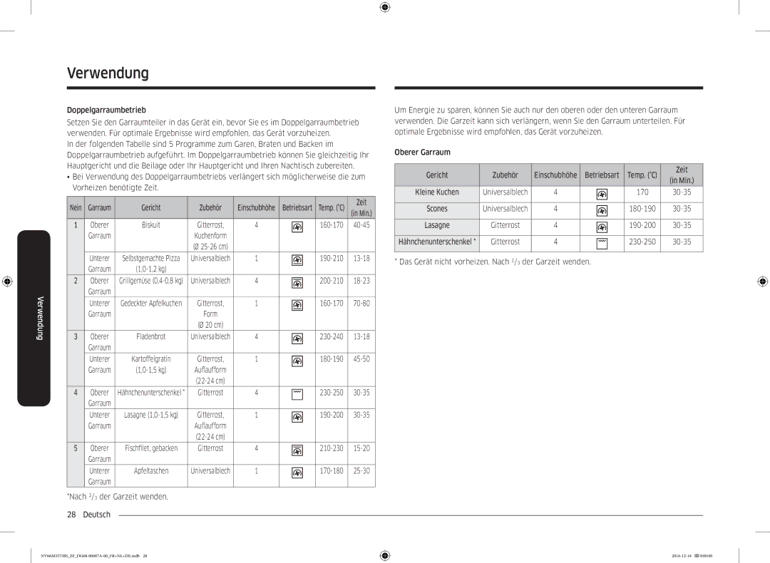 Samsung NV66M3571BS/EG, NV66M3571BS/EF manual Doppelgarraumbetrieb, Das Gerät nicht vorheizen. Nach 2/3 der Garzeit wenden 