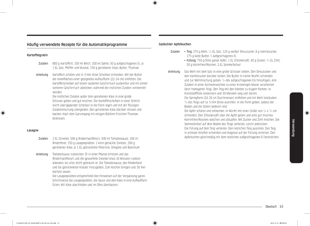 Samsung NV66M3571BS/EF, NV66M3571BS/EG manual Häufig verwendete Rezepte für die Automatikprogramme, Kartoffelgratin 