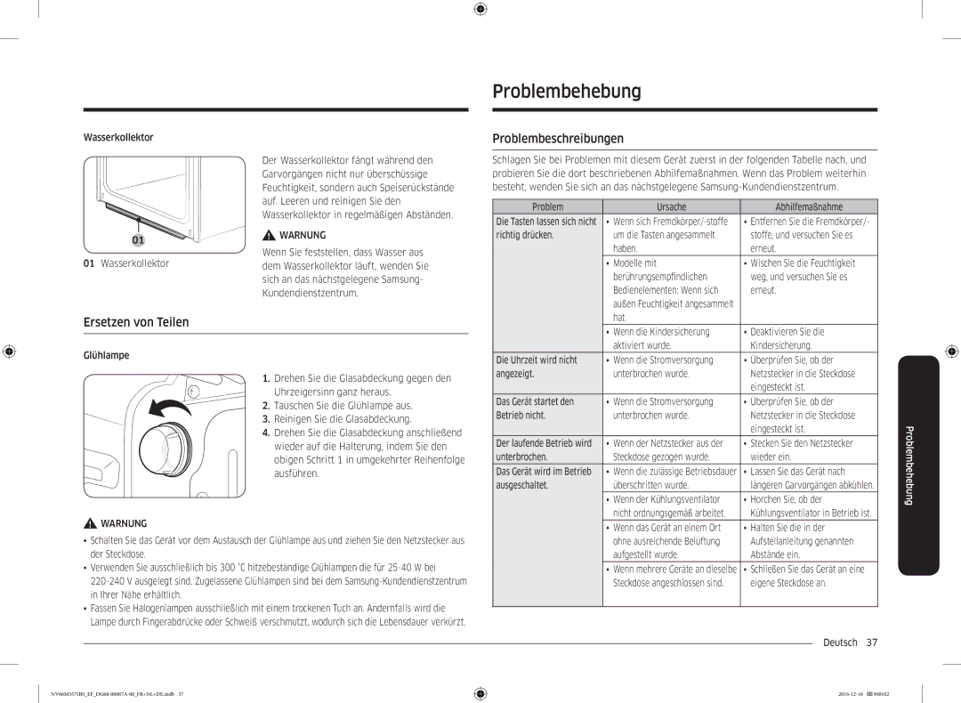 Samsung NV66M3571BS/EF, NV66M3571BS/EG manual Problembehebung, Problembeschreibungen, Ersetzen von Teilen 