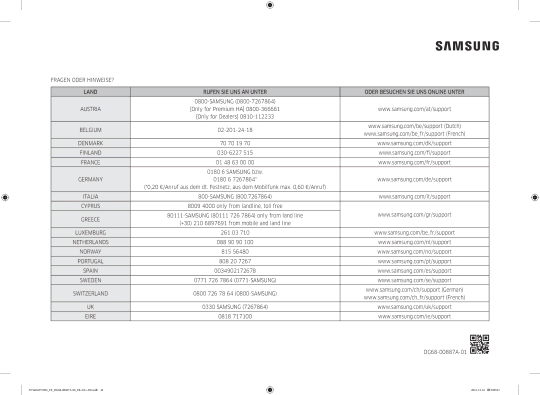 Samsung NV66M3571BS/EG, NV66M3571BS/EF manual 01 48 63 00, 0180 6 