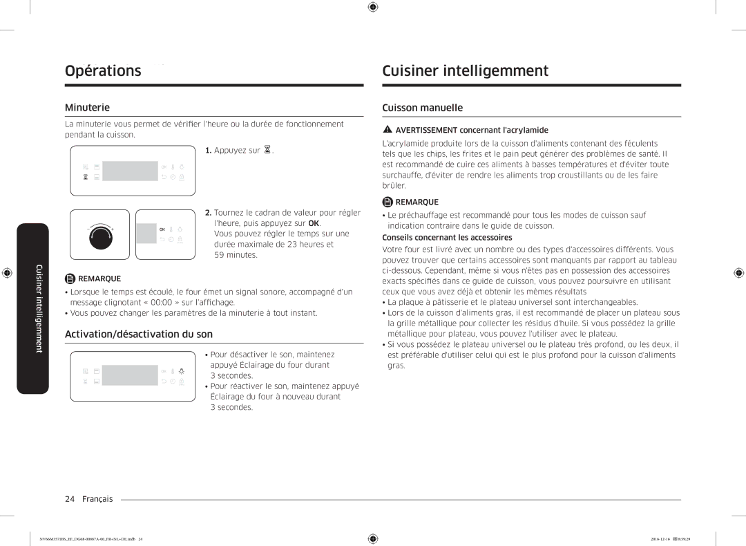 Samsung NV66M3571BS/EG OpérationsCuisiner intelligemment, Minuterie, Activation/désactivation du son, Cuisson manuelle 