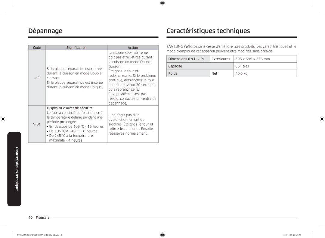 Samsung NV66M3571BS/EG, NV66M3571BS/EF manual Caractéristiques techniques 