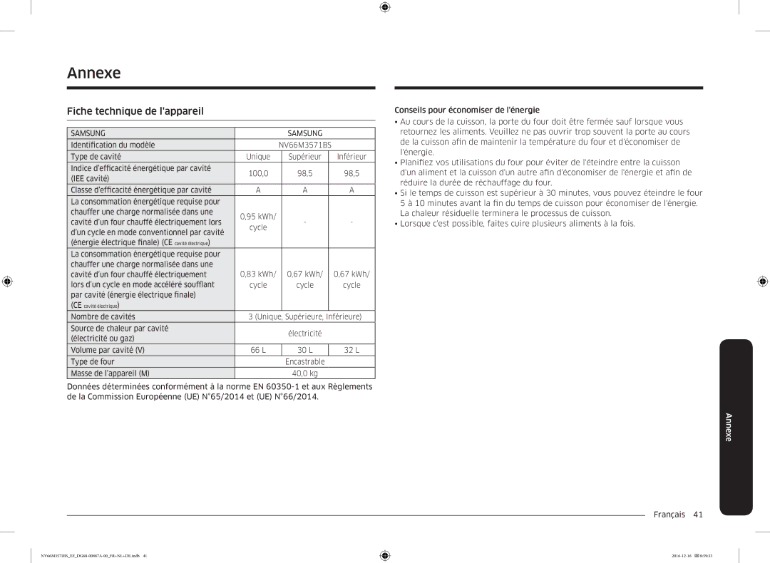 Samsung NV66M3571BS/EF Annexe, Fiche technique de lappareil, Identification du modèle NV66M3571BS Type de cavité Unique 