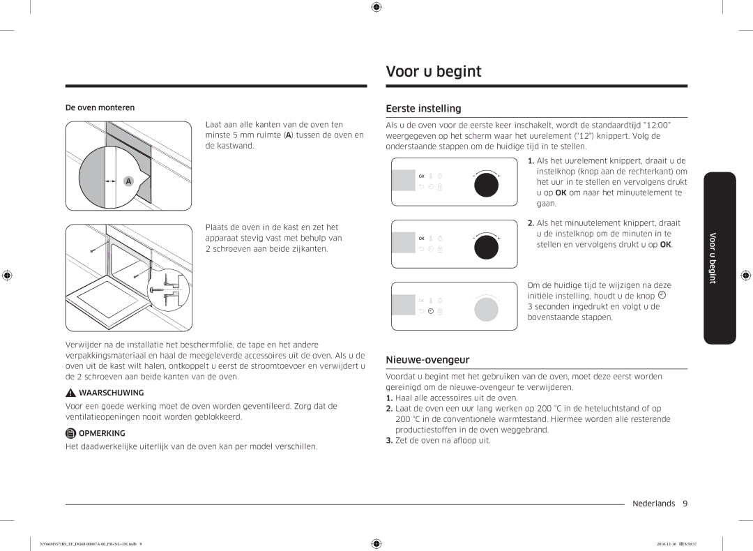 Samsung NV66M3571BS/EF, NV66M3571BS/EG manual Voor u begint, Eerste instelling, Nieuwe-ovengeur 