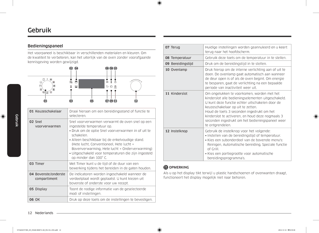 Samsung NV66M3571BS/EG, NV66M3571BS/EF manual Gebruik, Bedieningspaneel 