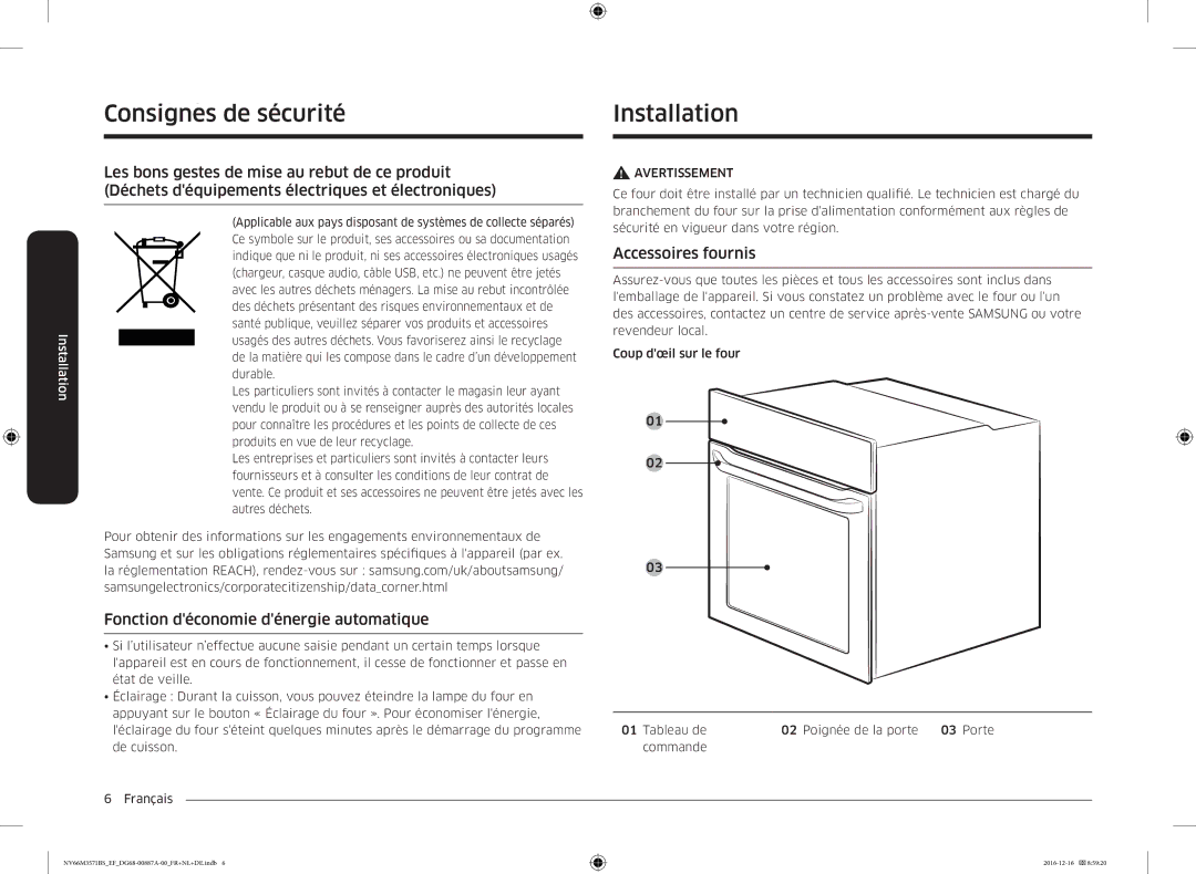 Samsung NV66M3571BS/EG InstallationConsignes de sécurité, Fonction déconomie dénergie automatique, Accessoires fournis 