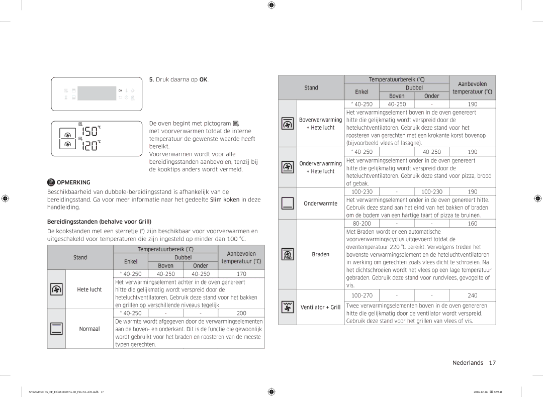 Samsung NV66M3571BS/EF, NV66M3571BS/EG manual Temperatuurbereik C Aanbevolen Stand Dubbel Enkel 