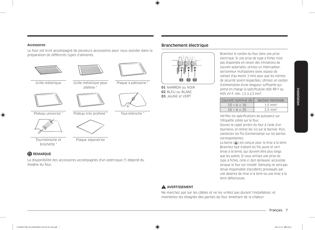 Samsung NV66M3571BS/EF, NV66M3571BS/EG manual Branchement électrique 