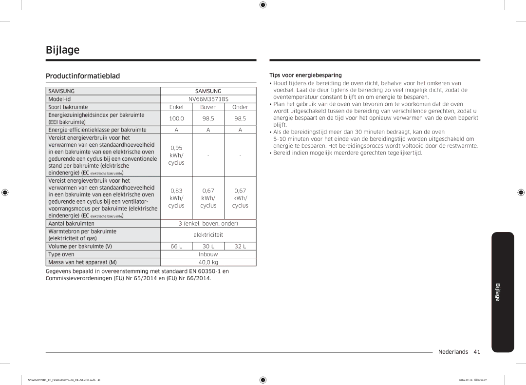 Samsung NV66M3571BS/EF, NV66M3571BS/EG manual Bijlage, Productinformatieblad 