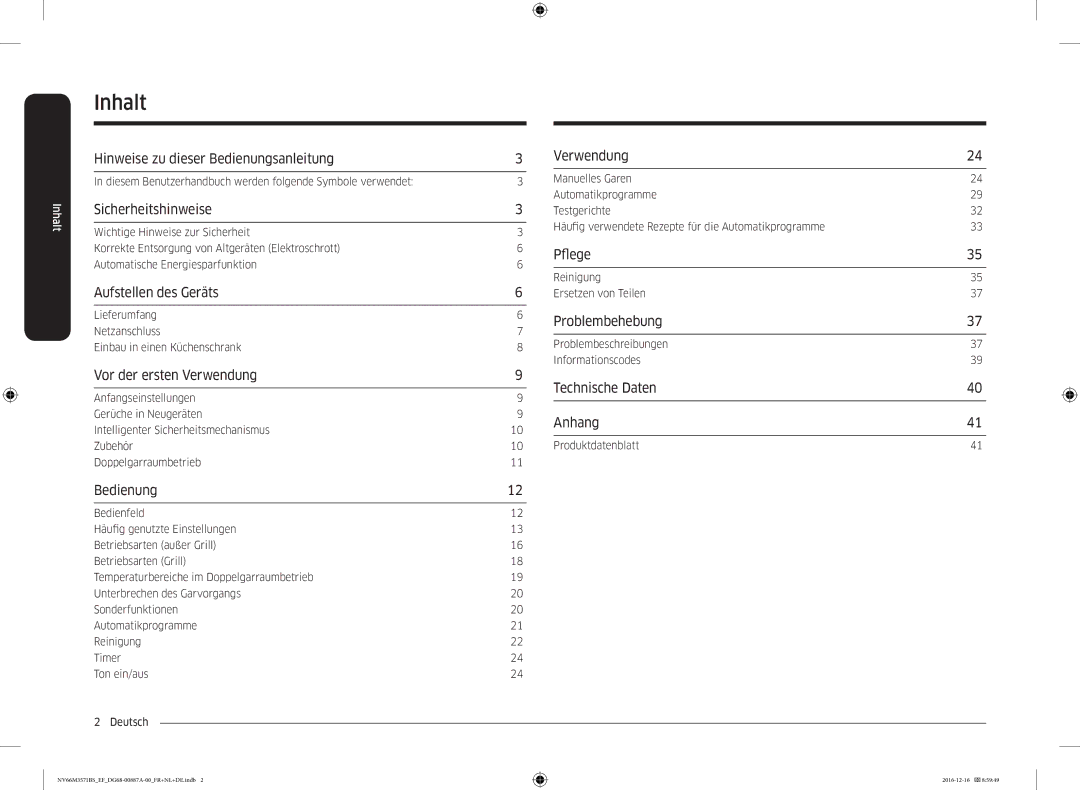 Samsung NV66M3571BS/EG, NV66M3571BS/EF manual Inhalt 