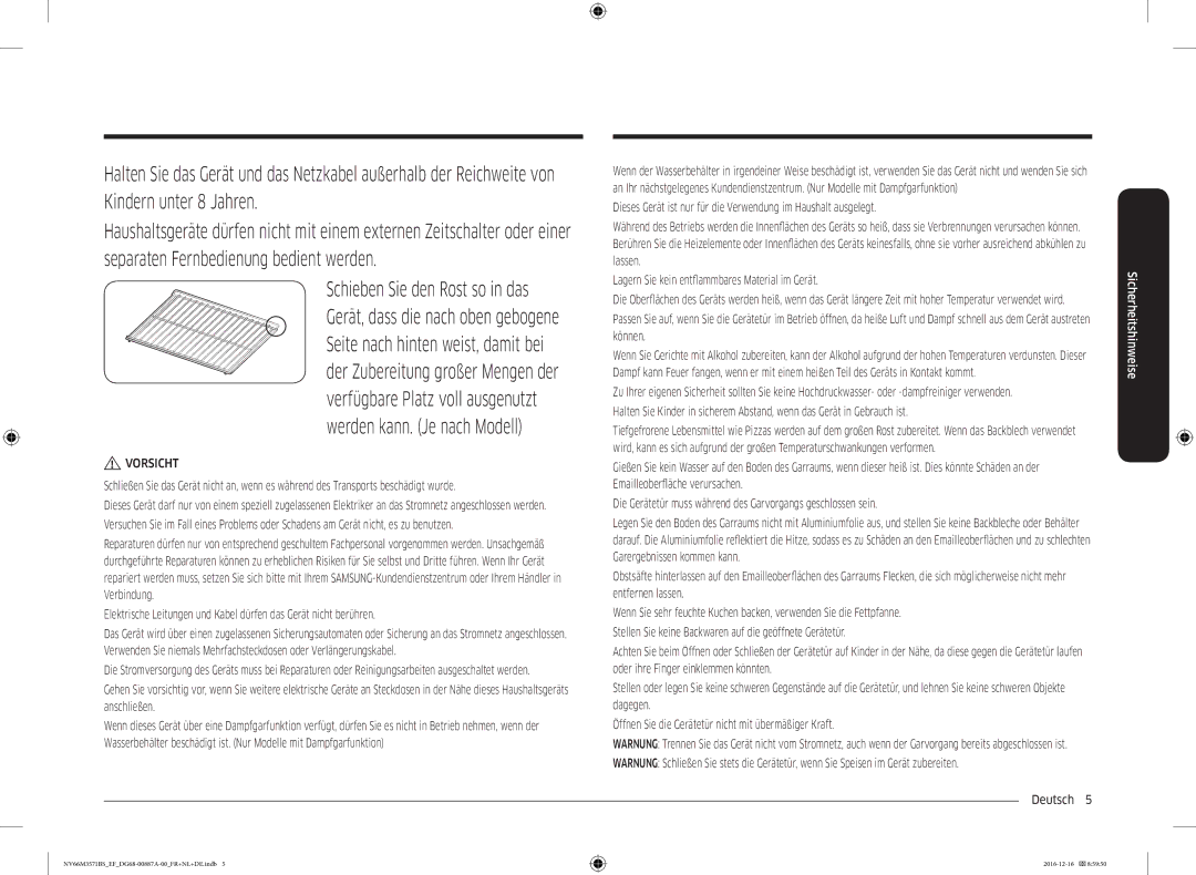 Samsung NV66M3571BS/EF, NV66M3571BS/EG manual Vorsicht 