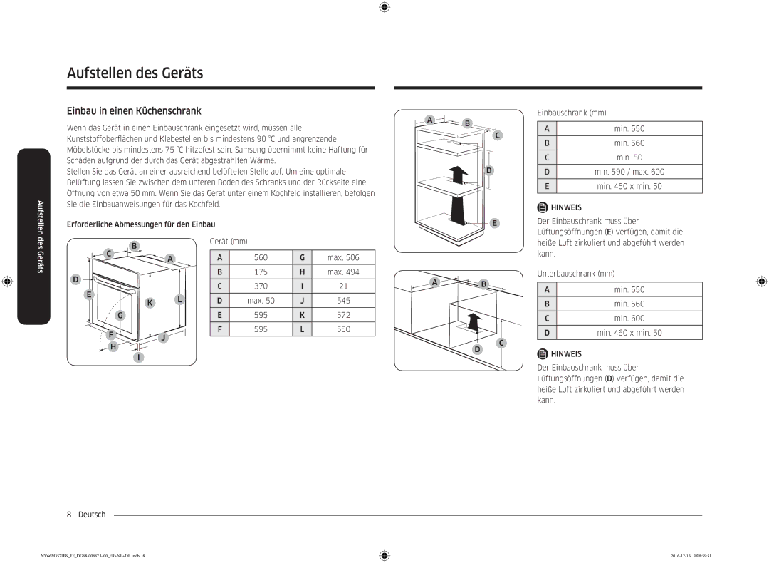 Samsung NV66M3571BS/EG, NV66M3571BS/EF manual Einbau in einen Küchenschrank 