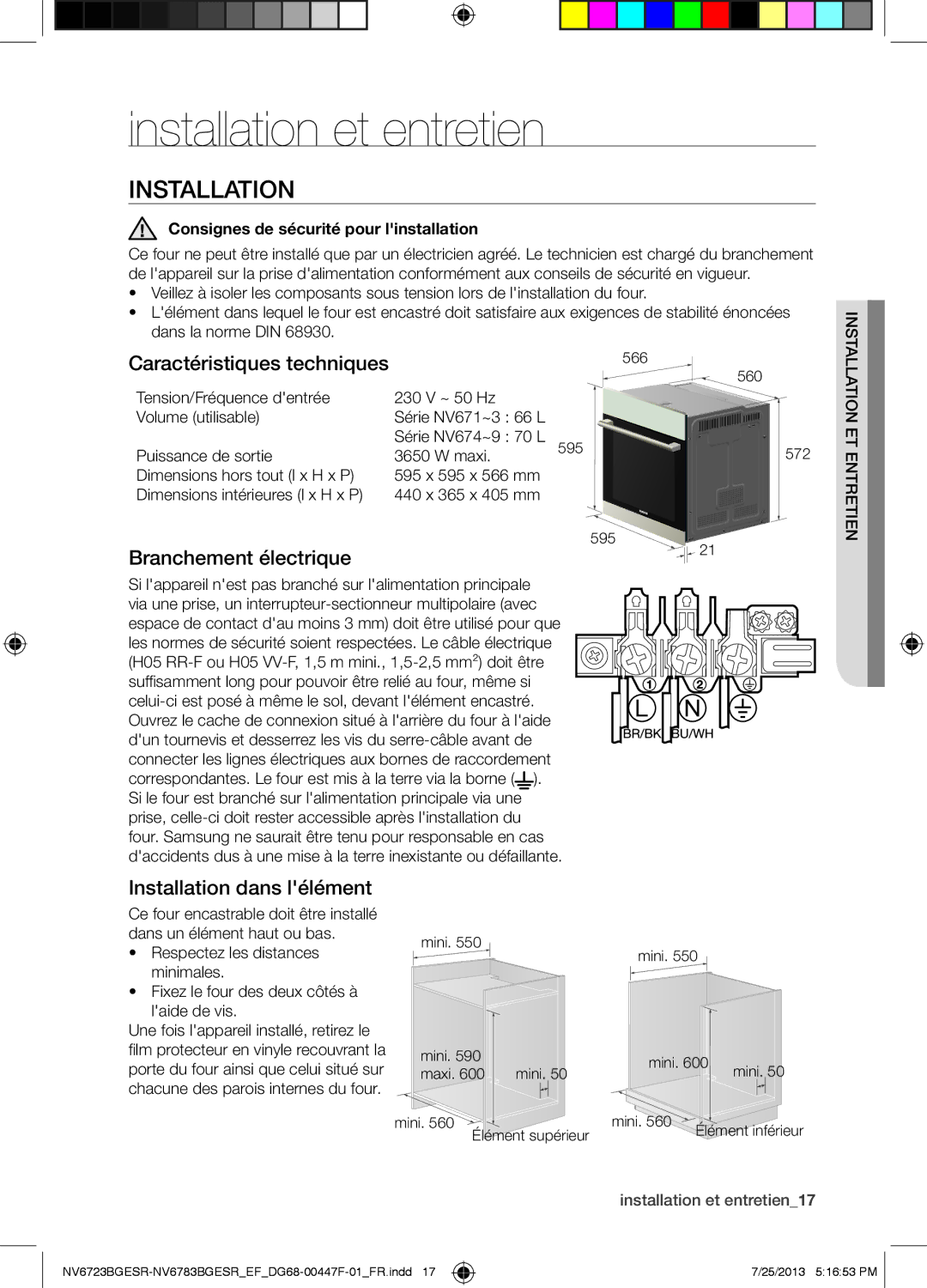 Samsung NV6723BGESR/EF manual Installation et entretien, Caractéristiques techniques, Branchement électrique 