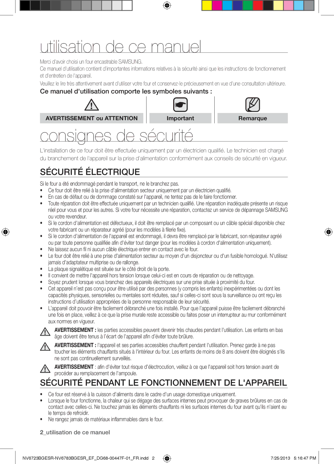 Samsung NV6723BGESR/EF manual Utilisation de ce manuel, Consignes de sécurité, Sécurité Électrique 